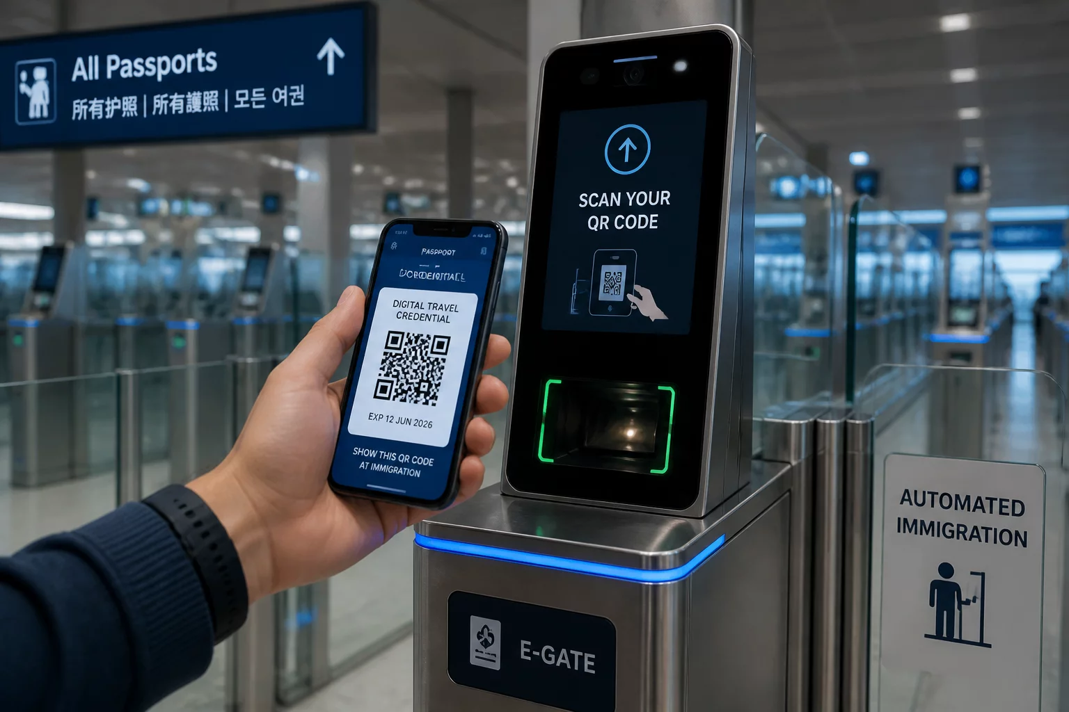 인천국제공항 자동출입국 심사대에서 스마트폰 전자 입국 QR 코드를 스캔하는 여행객의 모습