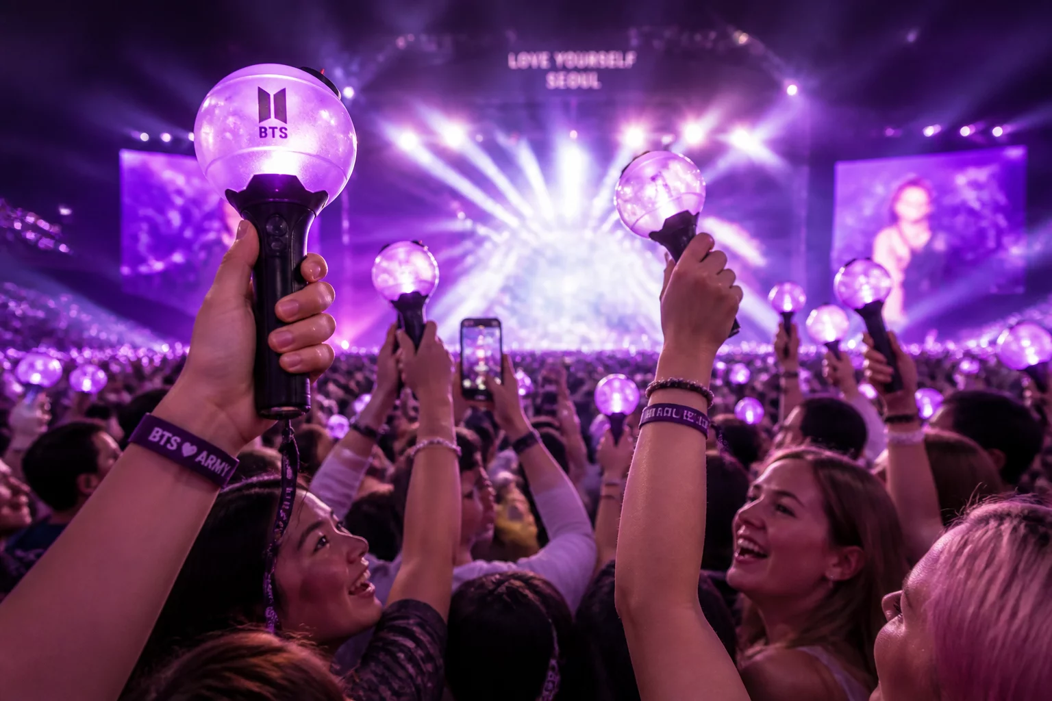 보랏빛 응원봉과 환호성으로 물든 서울 콘서트 스타디움 야경
